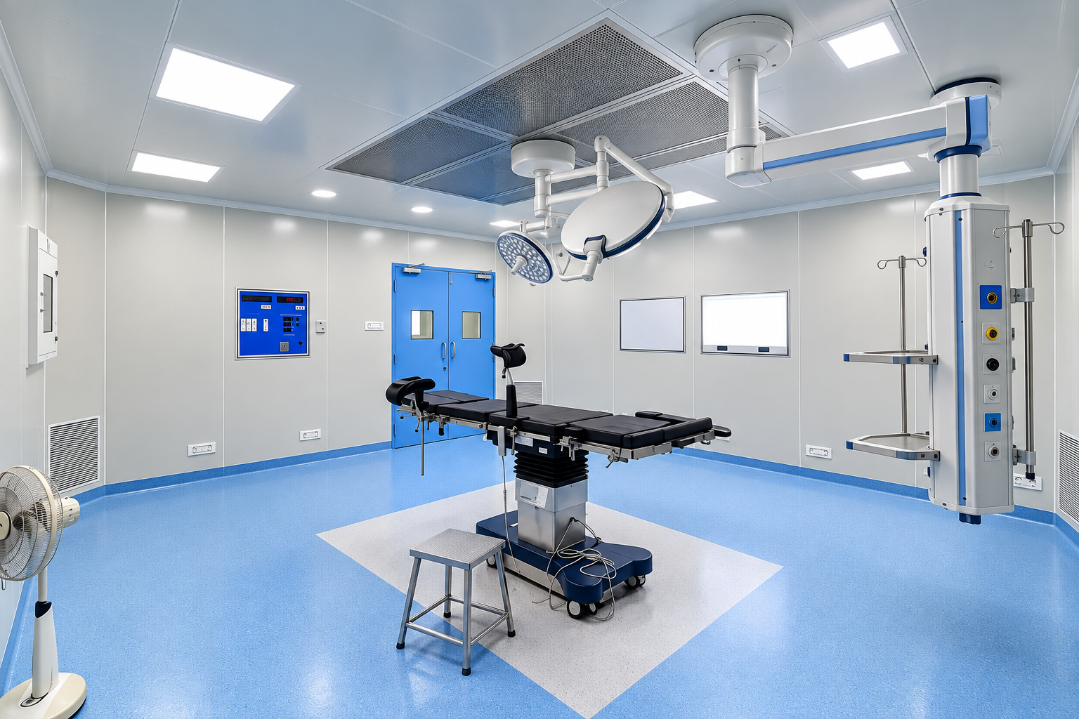 Modern modular operation theatre with blue flooring and ceiling filtration